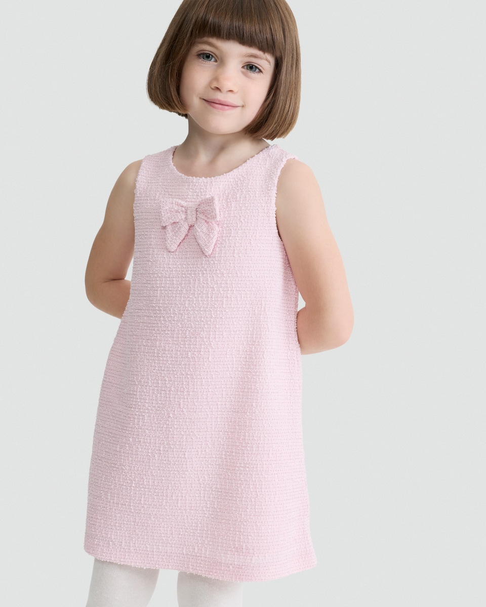 image 1 of F&F Girls Textured Bow Accent Sleeveless Dress in Pink