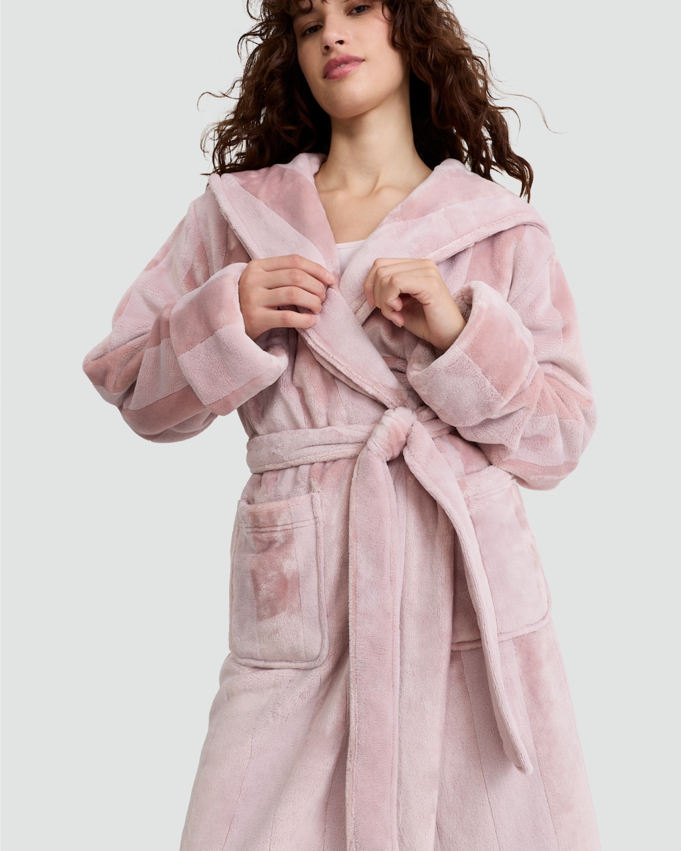 image 1 of F&F Fleece Stripe Hooded Dressing Gown in Pink