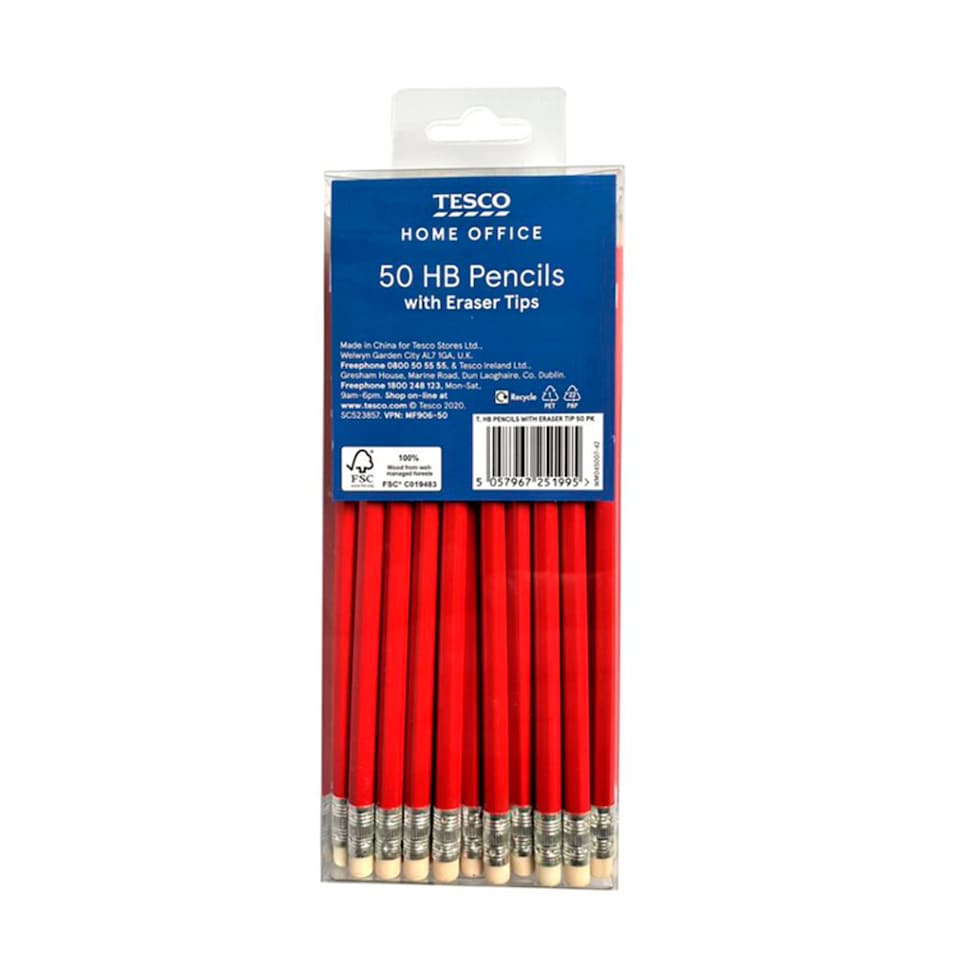 Tesco Hb Pencils With Eraser Tip 50 Pack