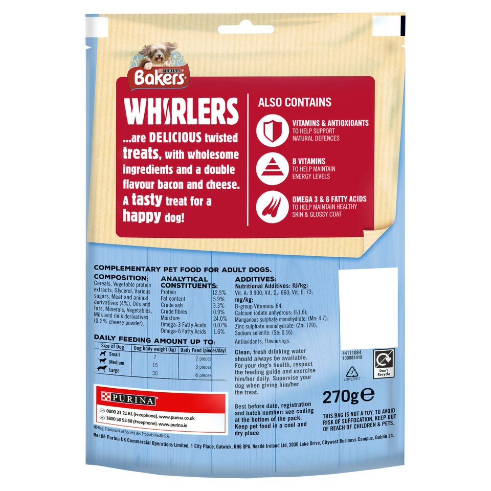 image 1 of Bakers Whirlers Meaty Dog Treats Bacon & Cheese 270G