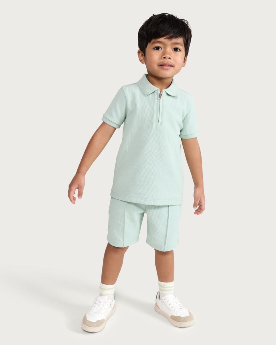 image 1 of F&F Boys 2-Piece Cotton Rich Textured Polo Shirt and Shorts Set in Mint