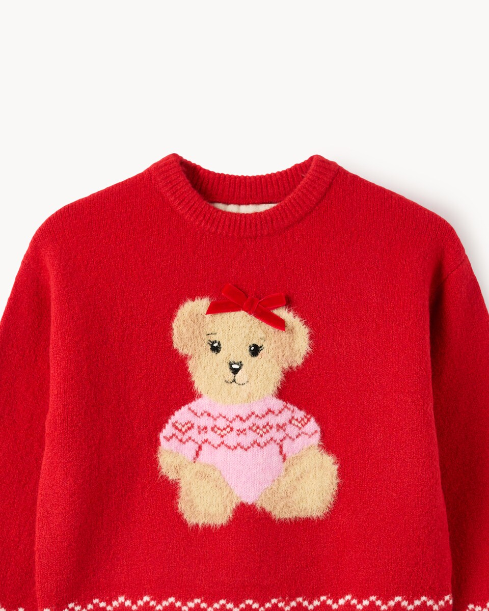 image 1 of Christmas Girls Teddy Jumper in Red