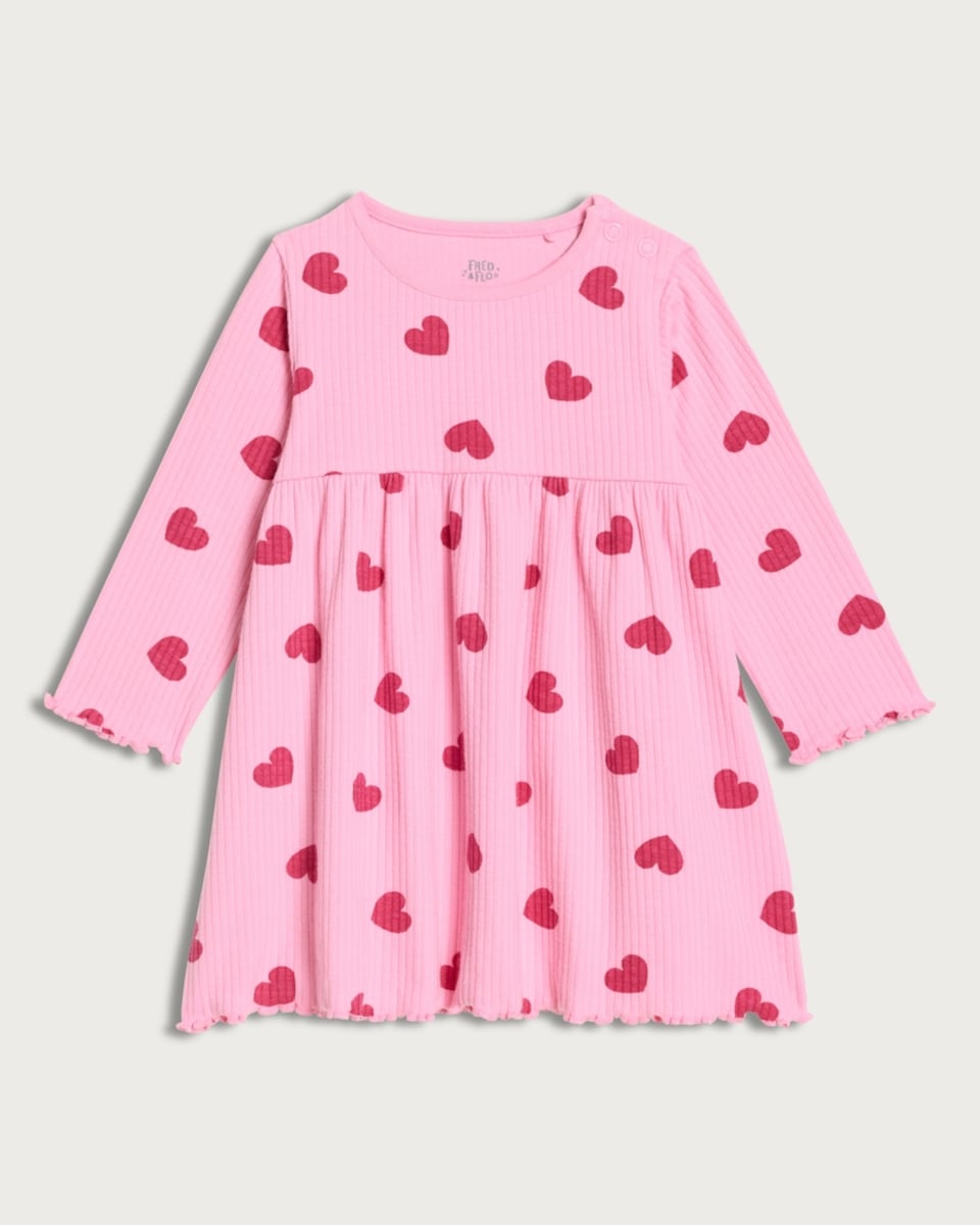 F&F Baby Cotton Rich Ribbed Heart Print Dress in Pink