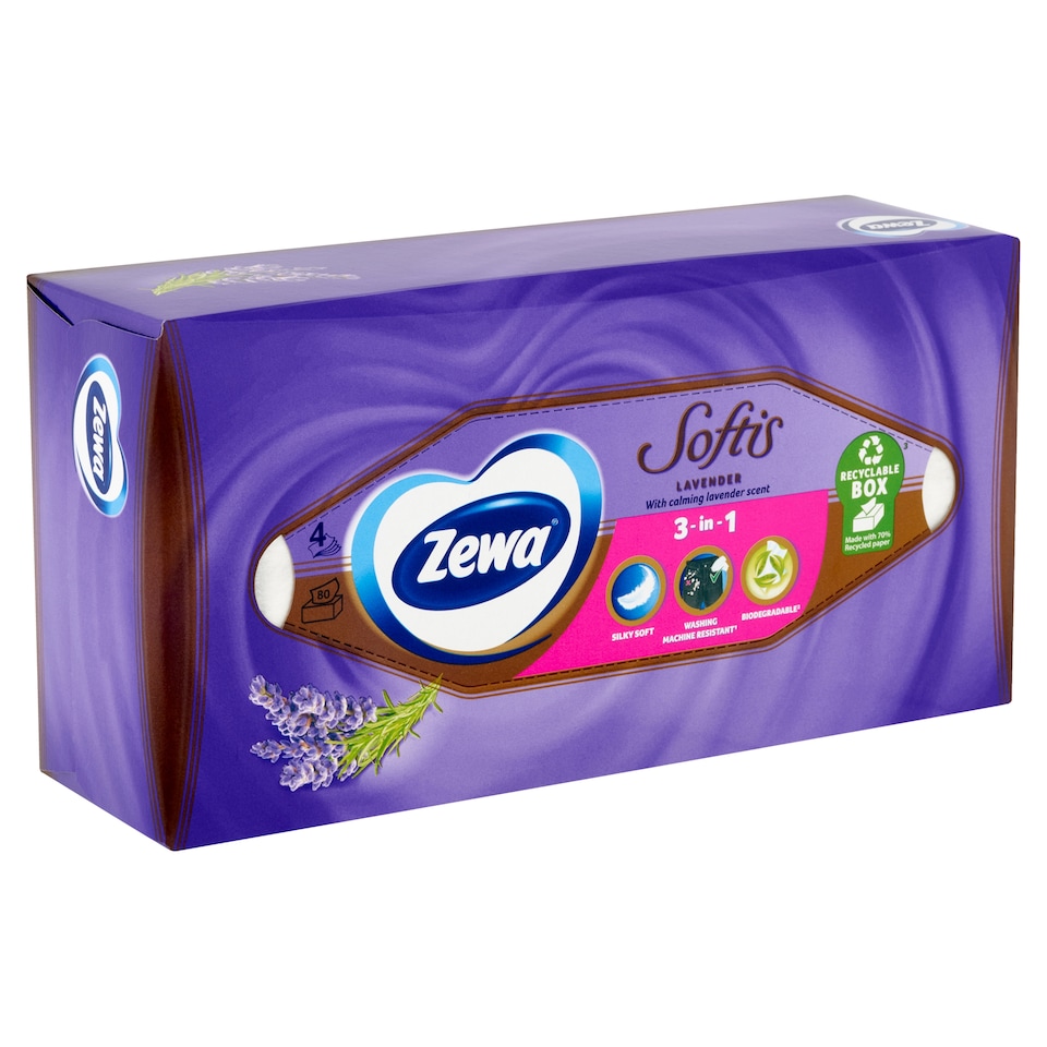 image 1 of Zewa Softis Lavender Scented Handkerchiefs in Box 4 Ply 80 pcs