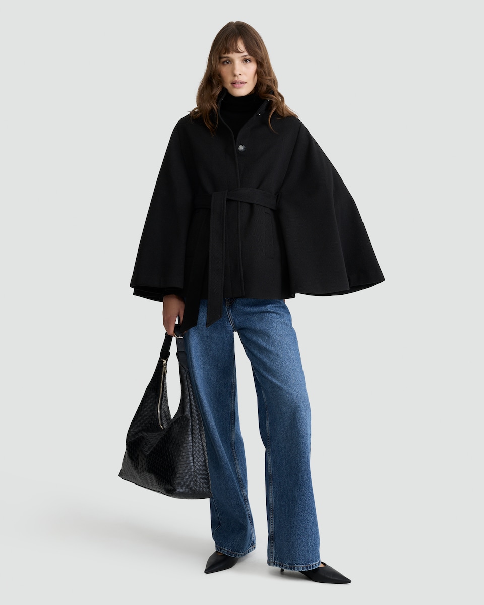 image 1 of F&F Belted High Neck Cape Coat in Black