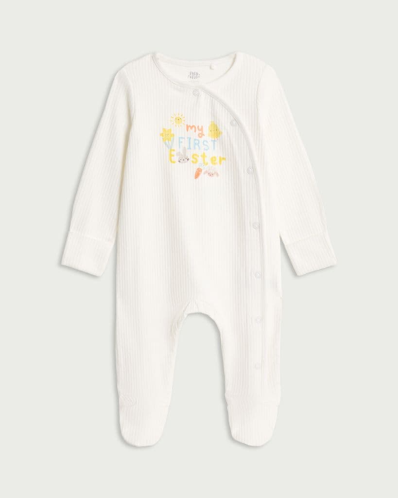 F&F Baby Cotton Rich My First Easter Long Sleeved Sleepsuit in White