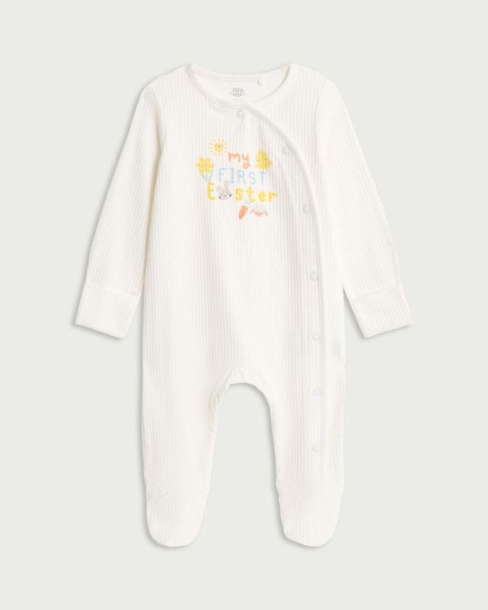 image 1 of F&F Baby Cotton Rich My First Easter Long Sleeved Sleepsuit in White