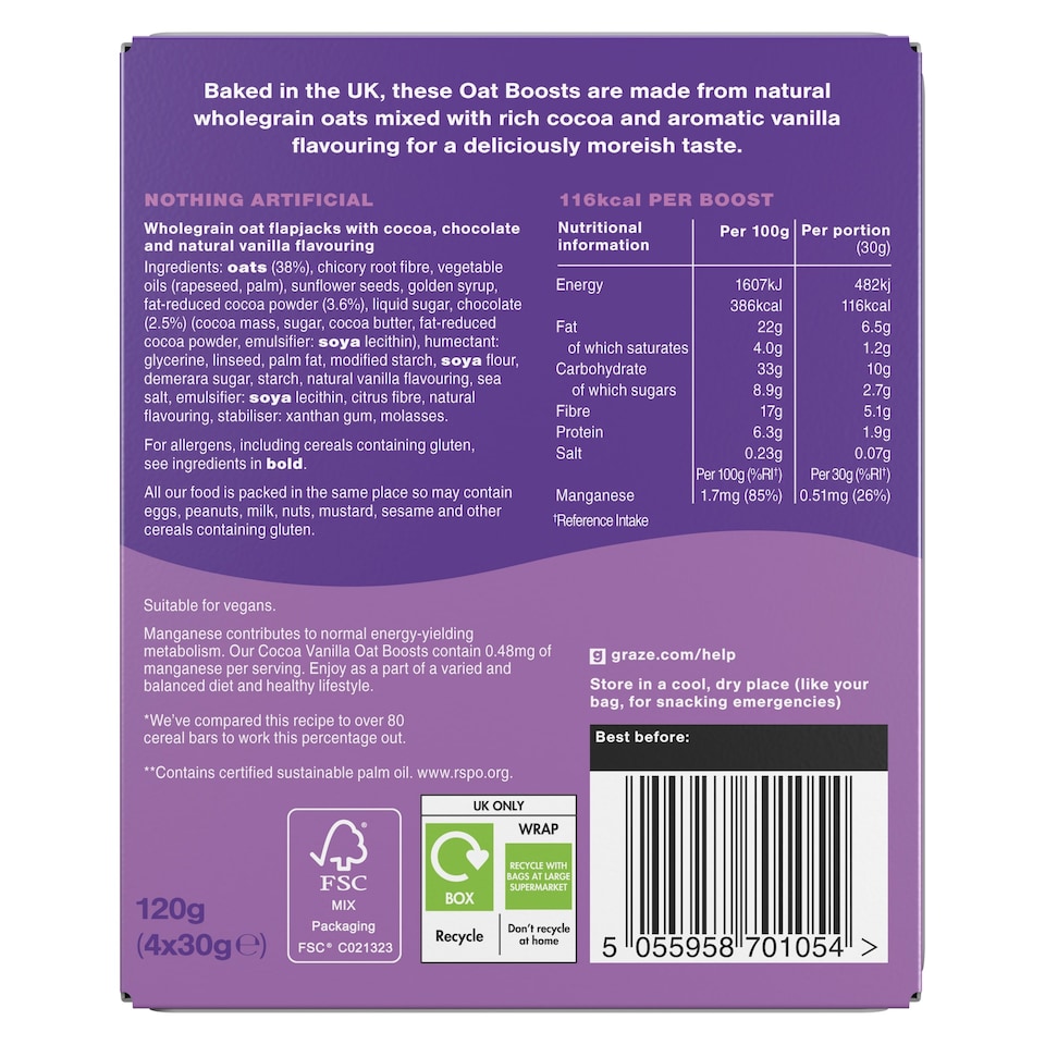 image 1 of Graze Cocoa Vanilla Oat Boosts Flapjack Snack 4x30G