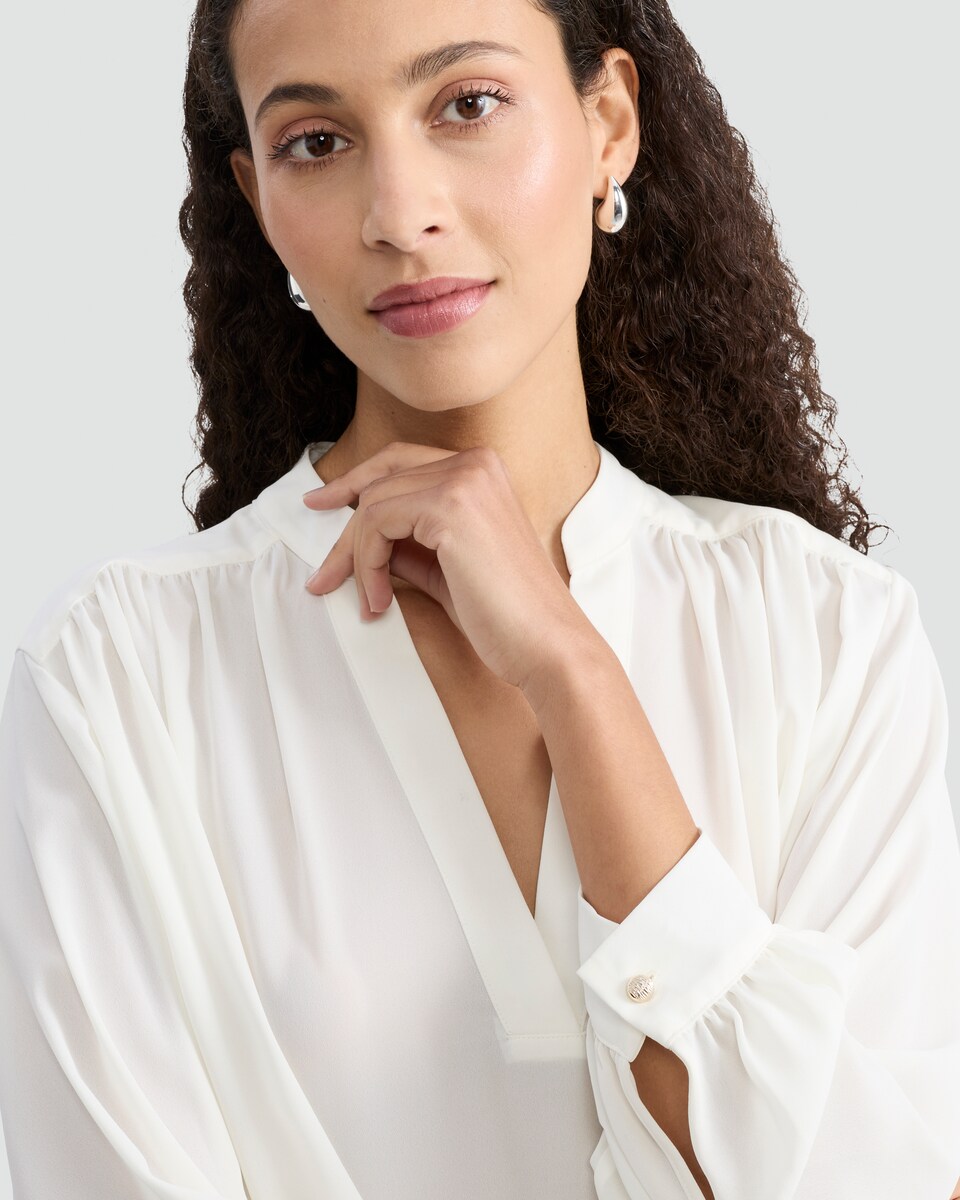 image 1 of F&F Gathered Sleeve V Neck Blouse in Cream