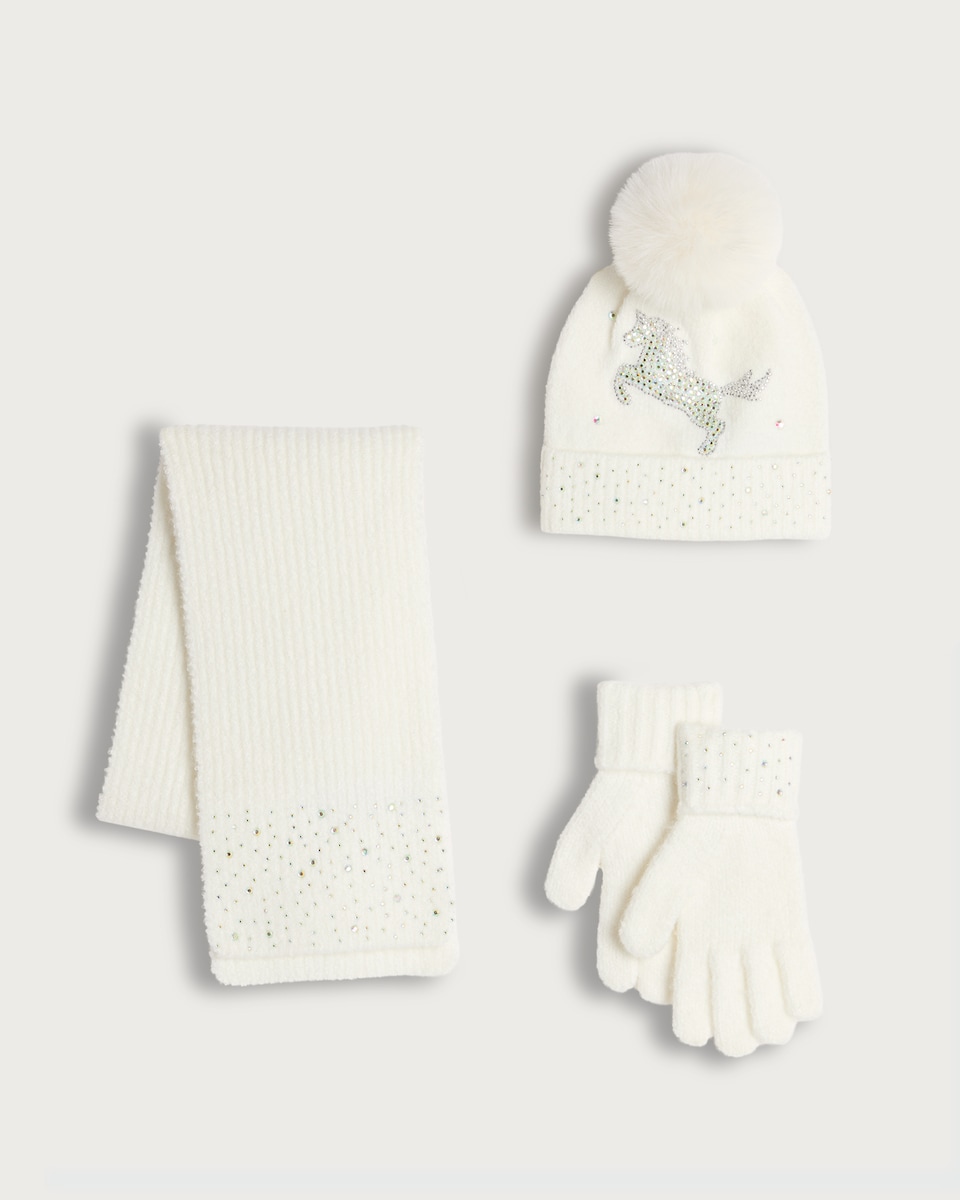 F&F Girls 3-Piece Knitted Unicorn Hat, Scarf and Gloves Set in White