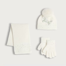 F&F Girls 3-Piece Knitted Unicorn Hat, Scarf and Gloves Set in White
