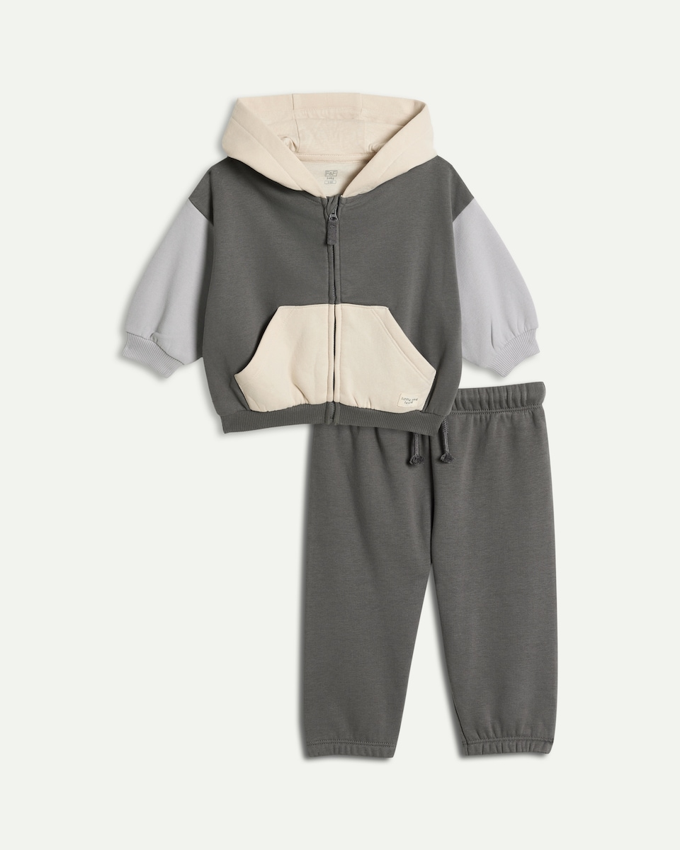 image 1 of F&F Baby 2-Piece Cotton Rich Colour Block Zip Up Hoodie and Joggers Set in Grey Marl