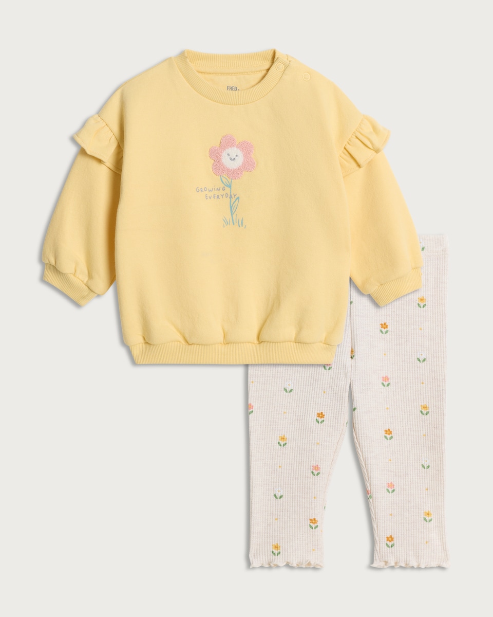 image 1 of F&F Baby 2-Piece Cotton Rich Floral Sweatshirt and Leggings in Yellow