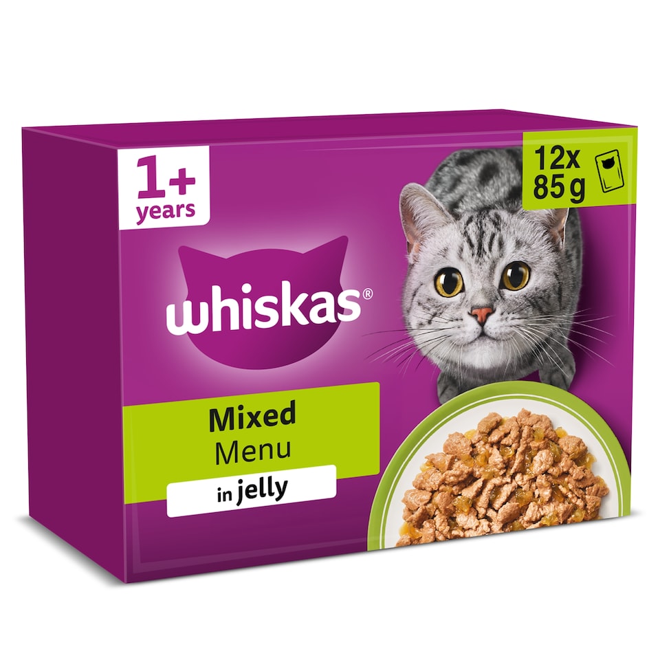 image 1 of Whiskas Adult Wet Cat Food Pouches Mixed Menu in Jelly 12x85g