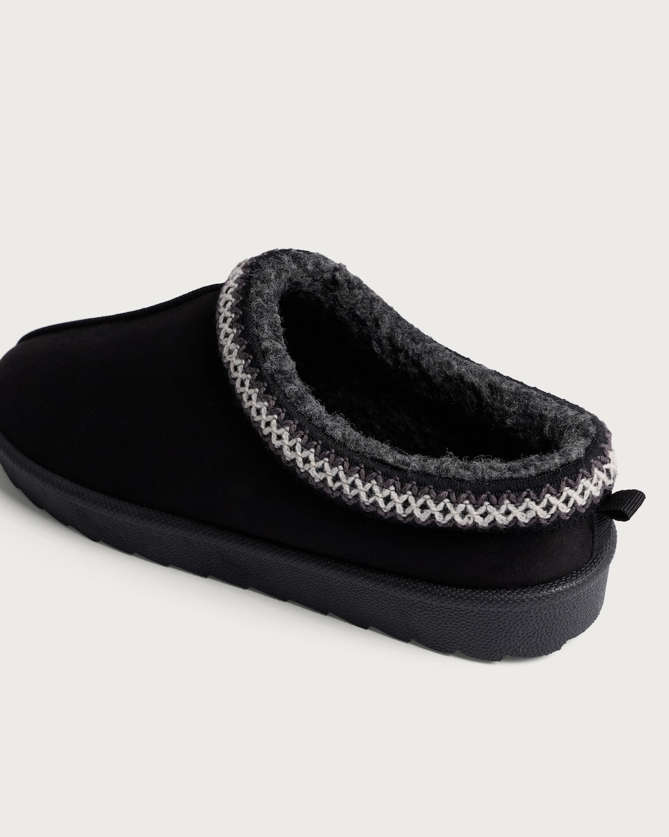 image 1 of F&F Faux Fur Lined Embroidered Mule Slippers in Black