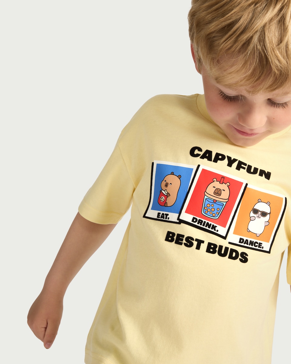 image 1 of Capyfun Pure Cotton Capybara Best Buds T-Shirt in Yellow