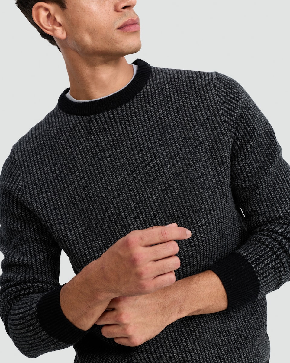 image 1 of F&F Lambswool Stripe Print Crew Neck Jumper in Black