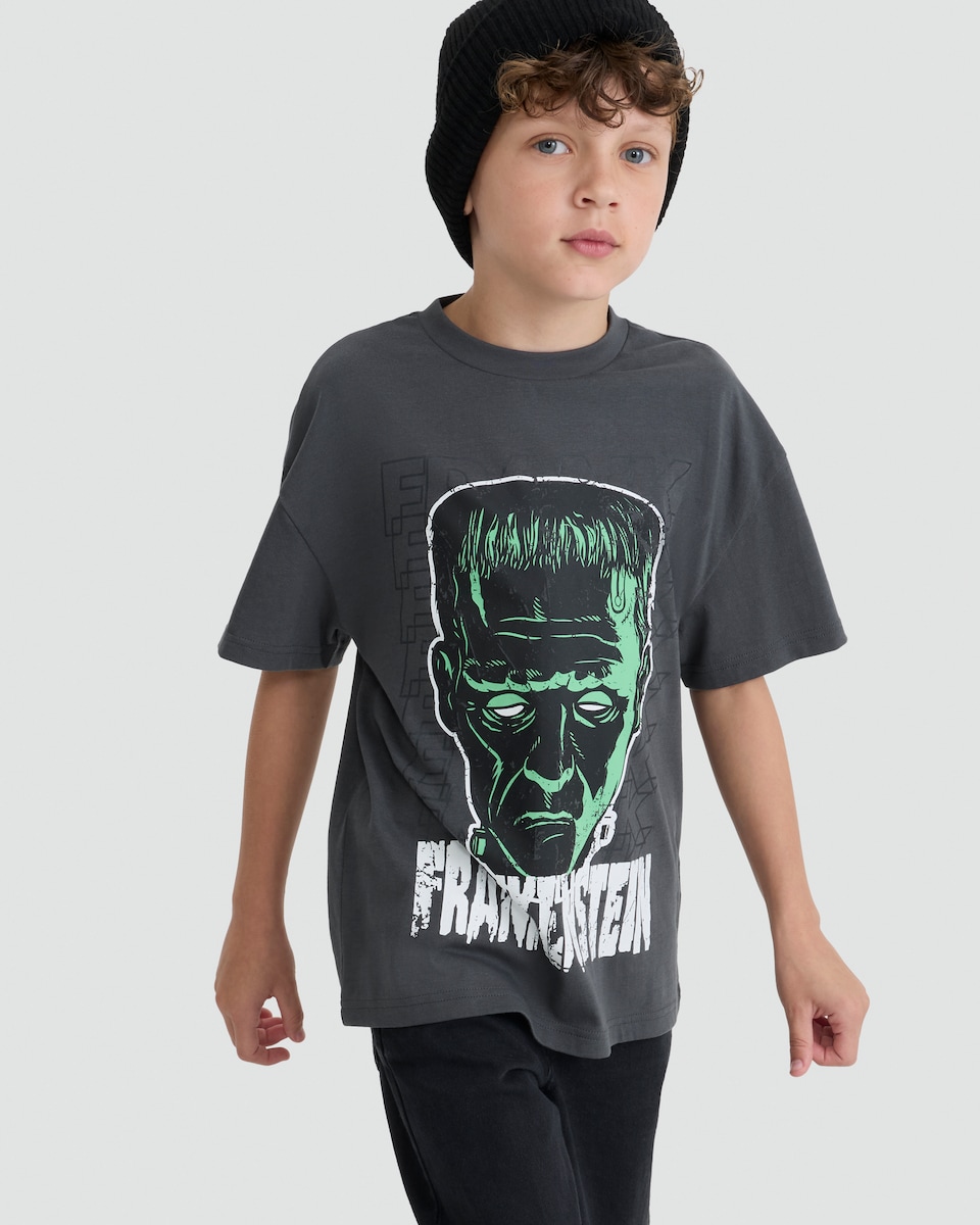 image 1 of Frankenstein Print Pure Cotton Short Sleeved T-Shirt in Grey