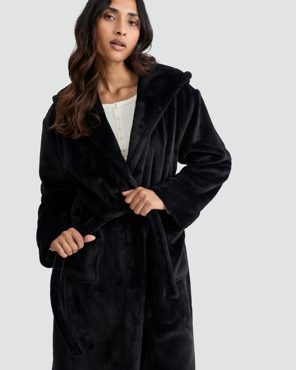 image 1 of F&F Fleece Hooded Dressing Gown in Black