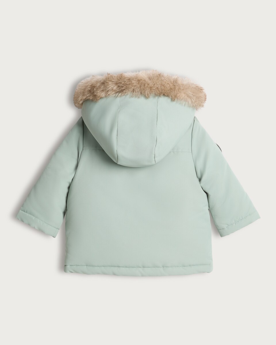 image 1 of F&F Baby Faux Fur Hooded Shower Resistant Parka in Green