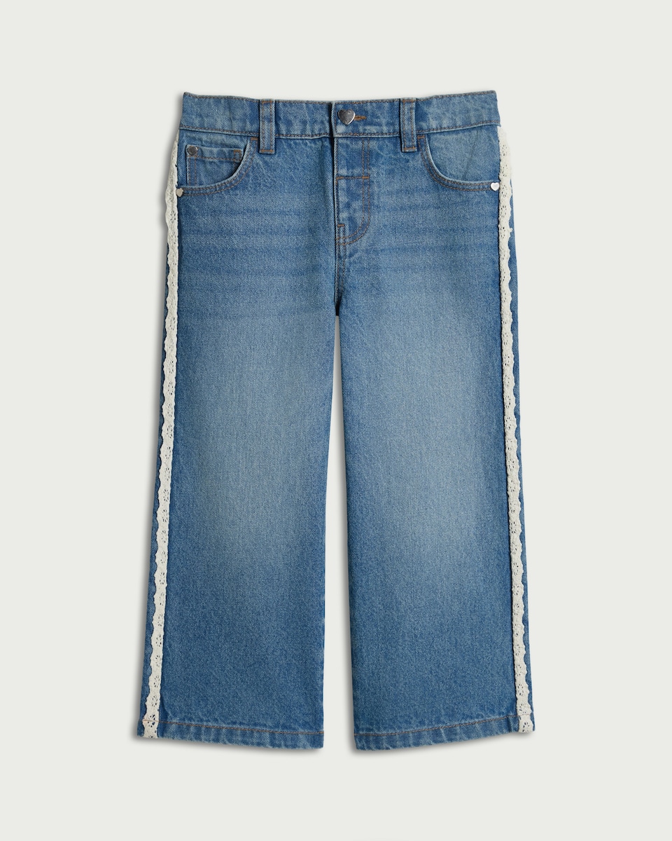 image 1 of F&F Girls Pure Cotton Lace Trim Jeans in Blue