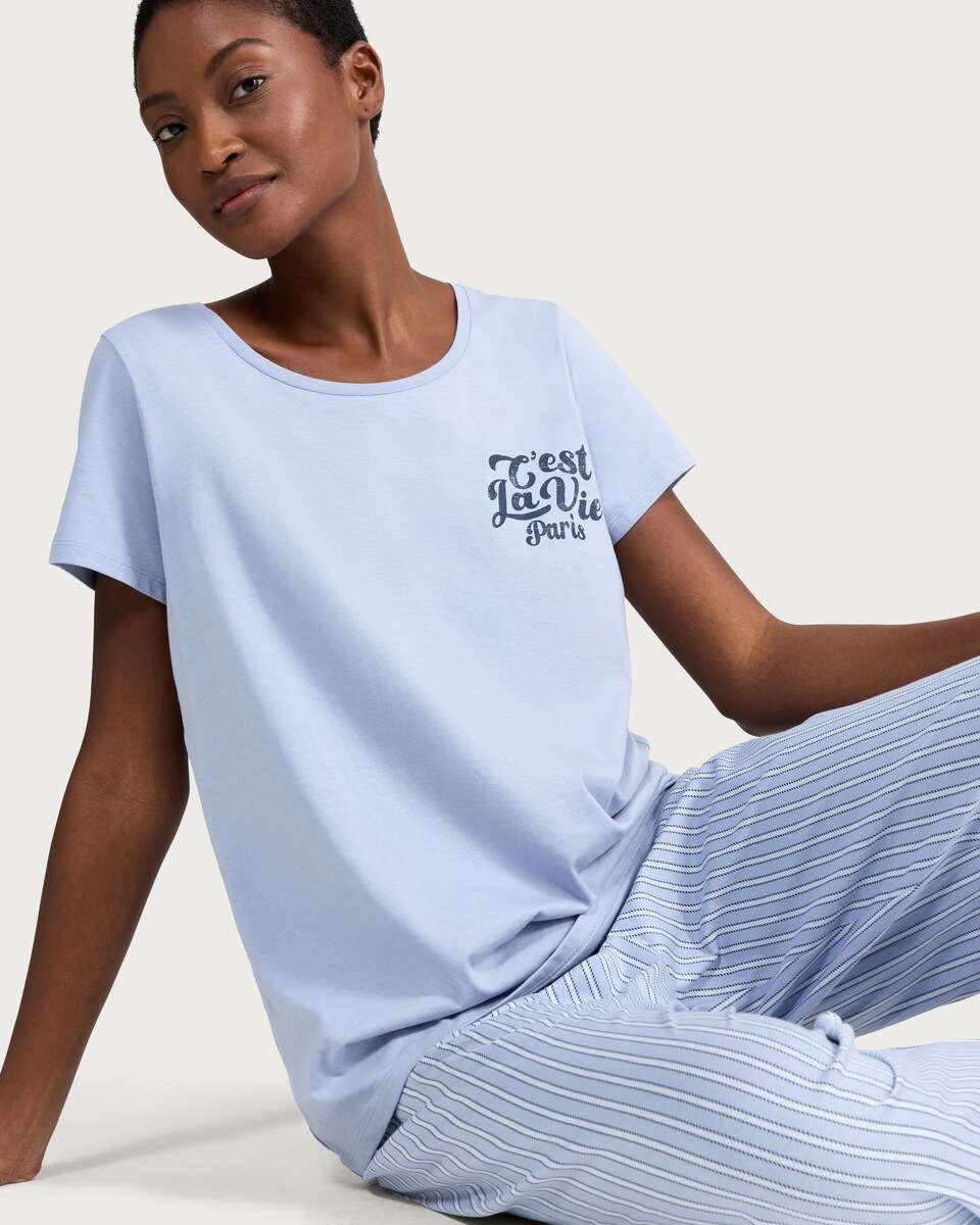 image 1 of F&F Pure Cotton Slogan Pyjama Set in Blue