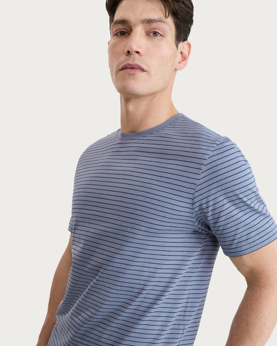 image 1 of F&F Pure Cotton Stripe Print Slim Fit T-Shirt in Blue