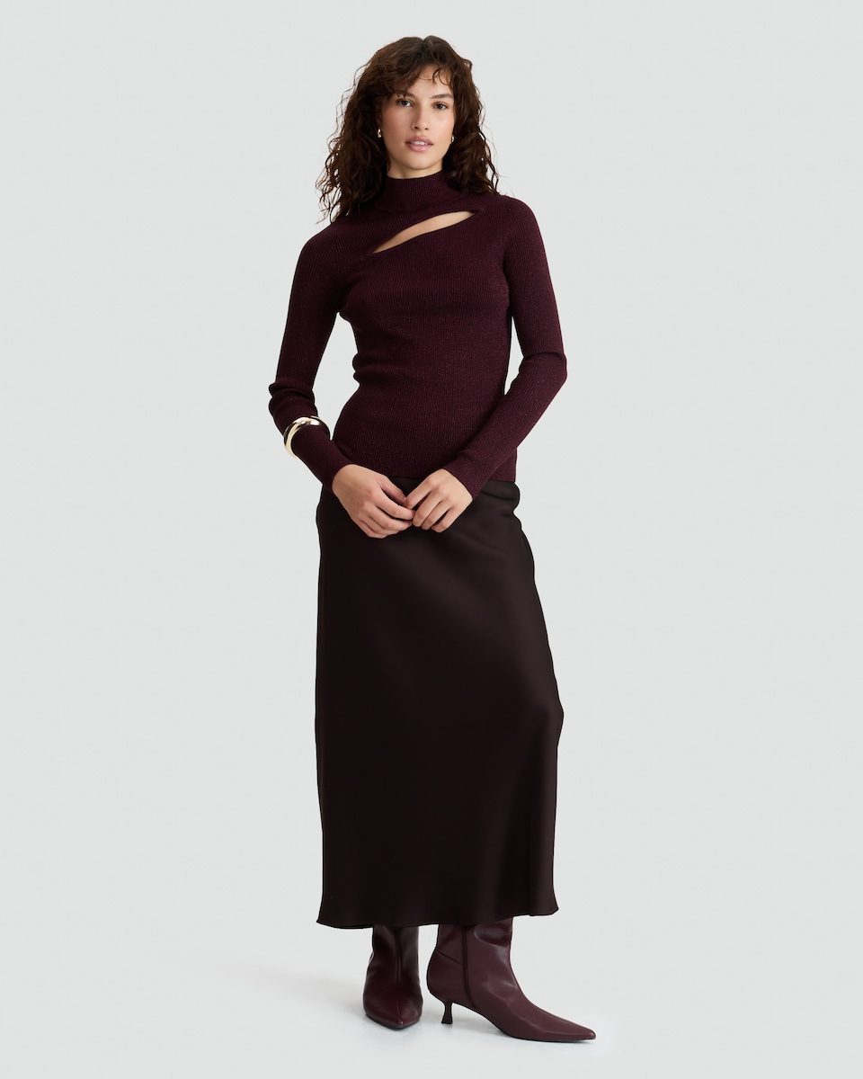 image 1 of F&F Knitted Cut Out Detail Jumper in Burgundy