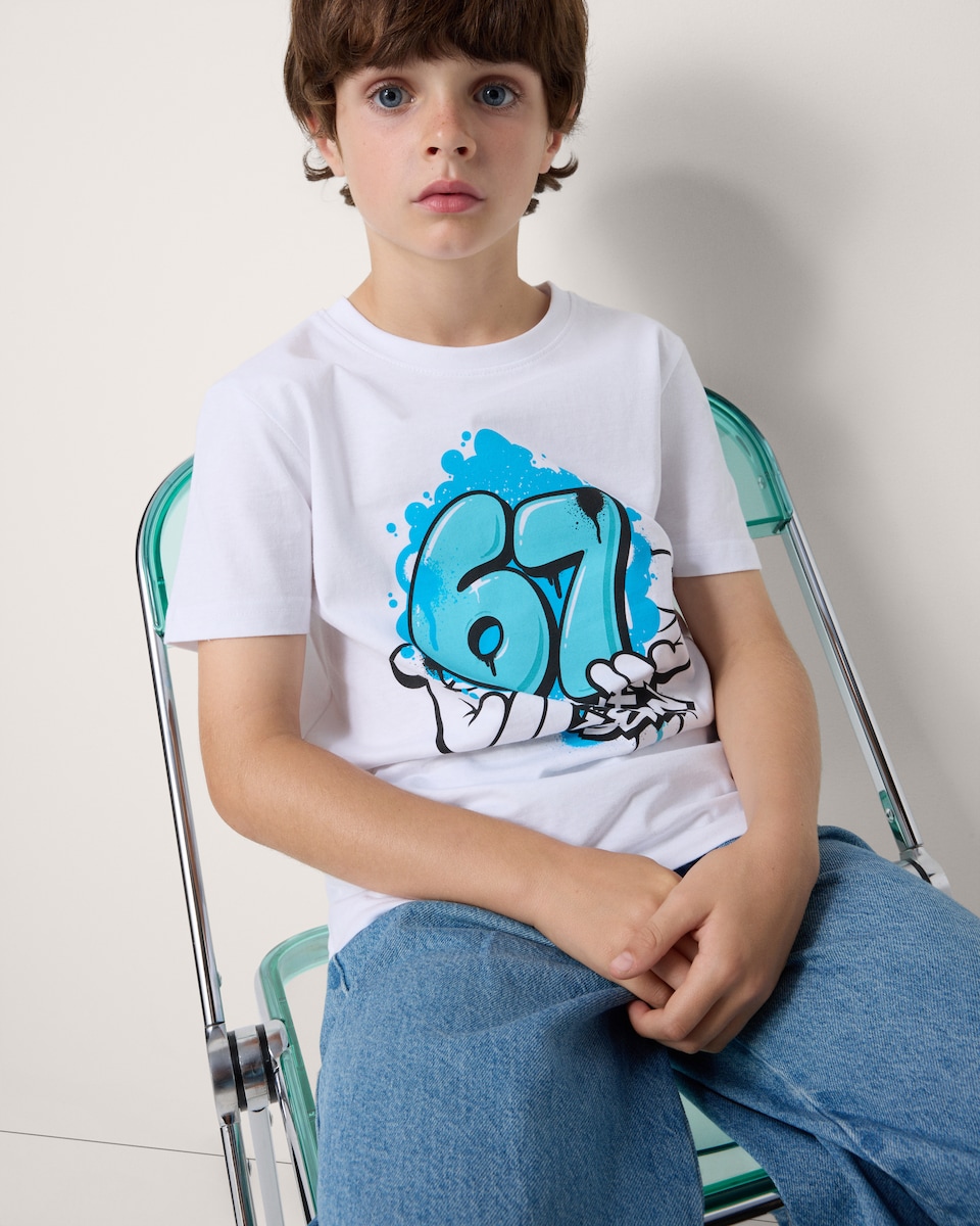 image 1 of F&F Boys Pure Cotton Six Seven T-Shirt in White