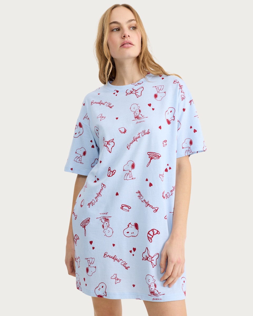 image 1 of Snoopy Pure Cotton Breakfast Club Nightdress in Multi Blue