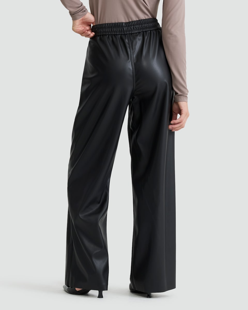 image 1 of The F&F Edit Faux Leather Wide Leg Drawstring Joggers in Black