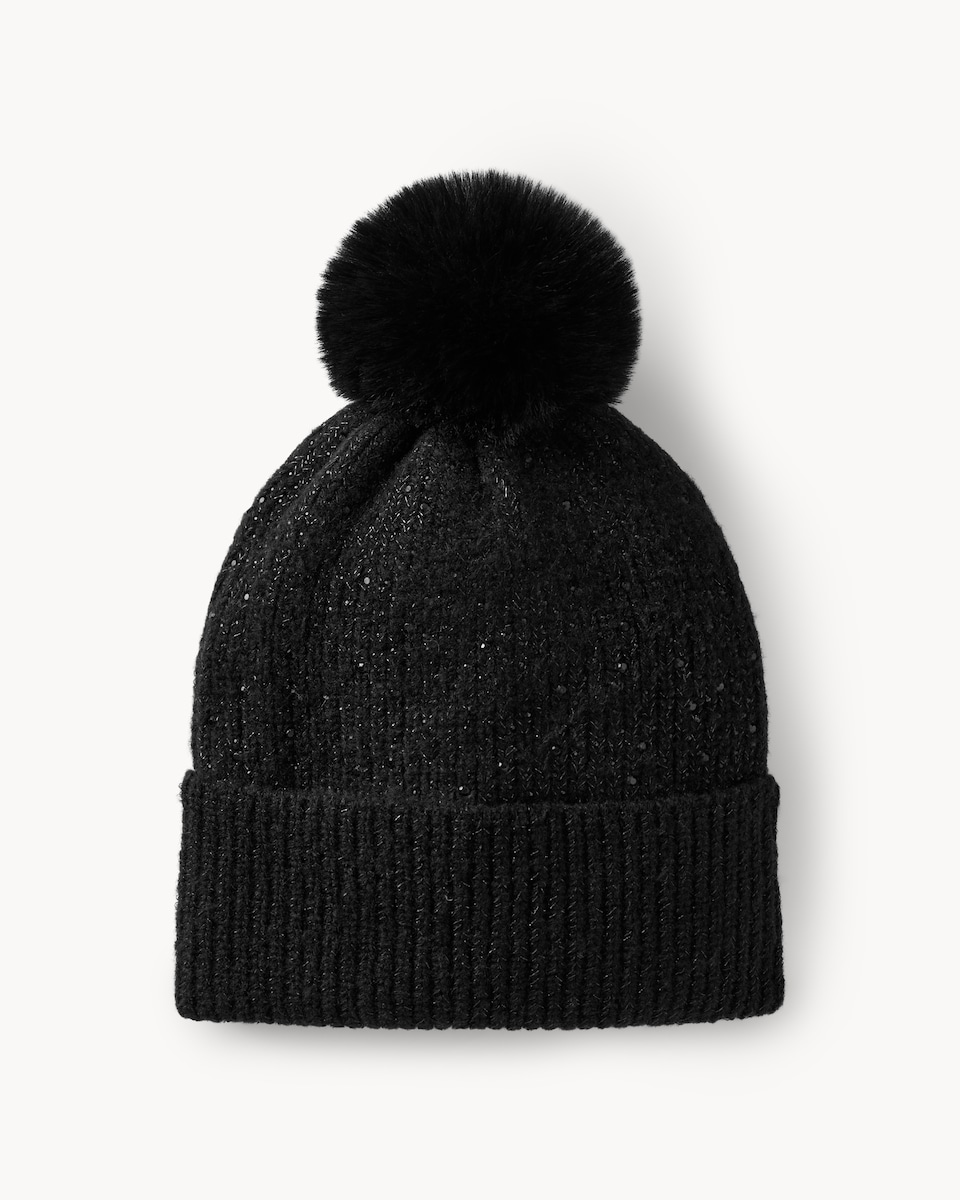 image 1 of F&F Glitter Pom Pom Beanie Hat in Black