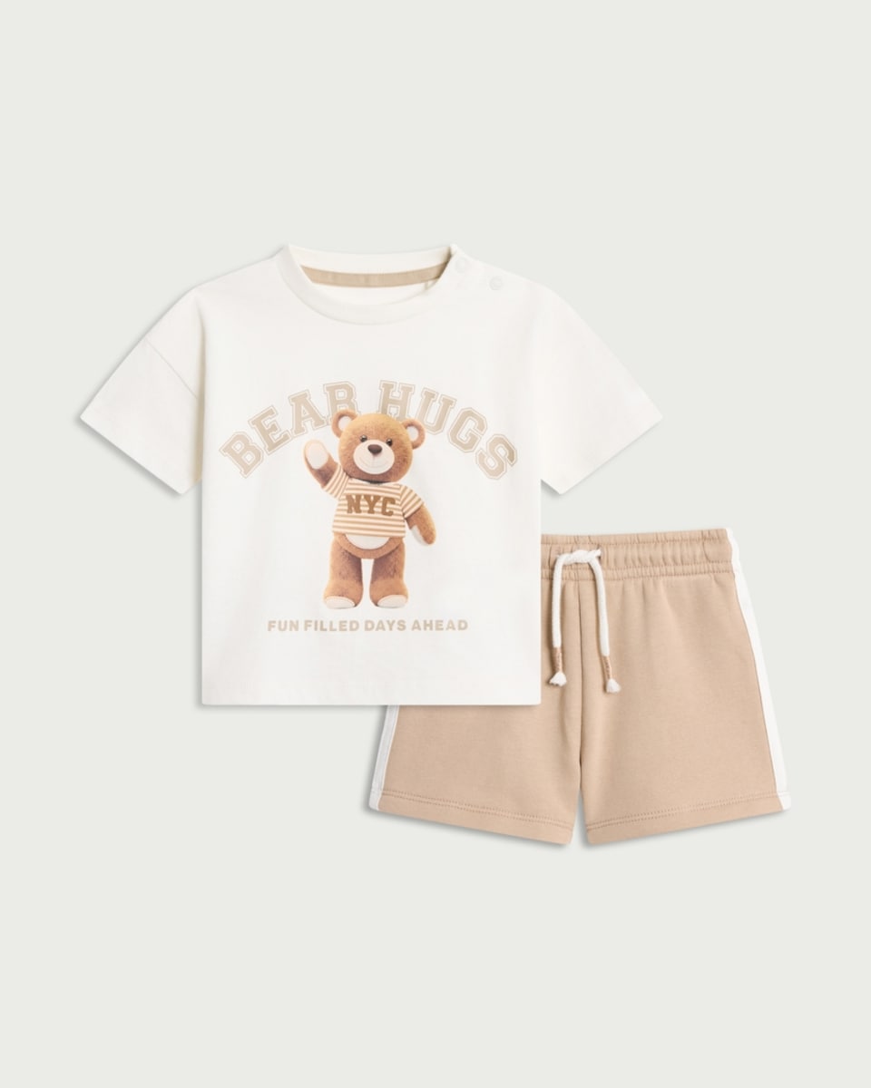 image 1 of F&F Baby 2-Piece Cotton Rich Bear Hugs Shorts Set in Neutral
