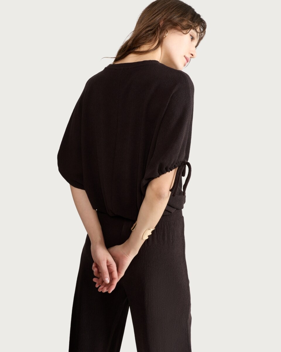 image 1 of F&F Textured Ruched Sleeve Balloon Hem Top in Chocolate