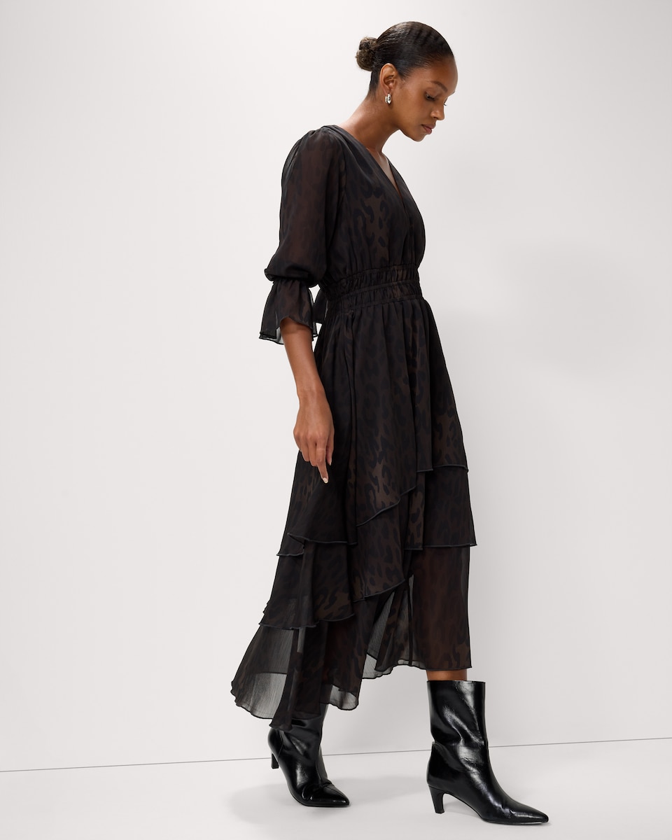 image 1 of F&F Chiffon Printed Tiered Midi Dress in Multi Brown