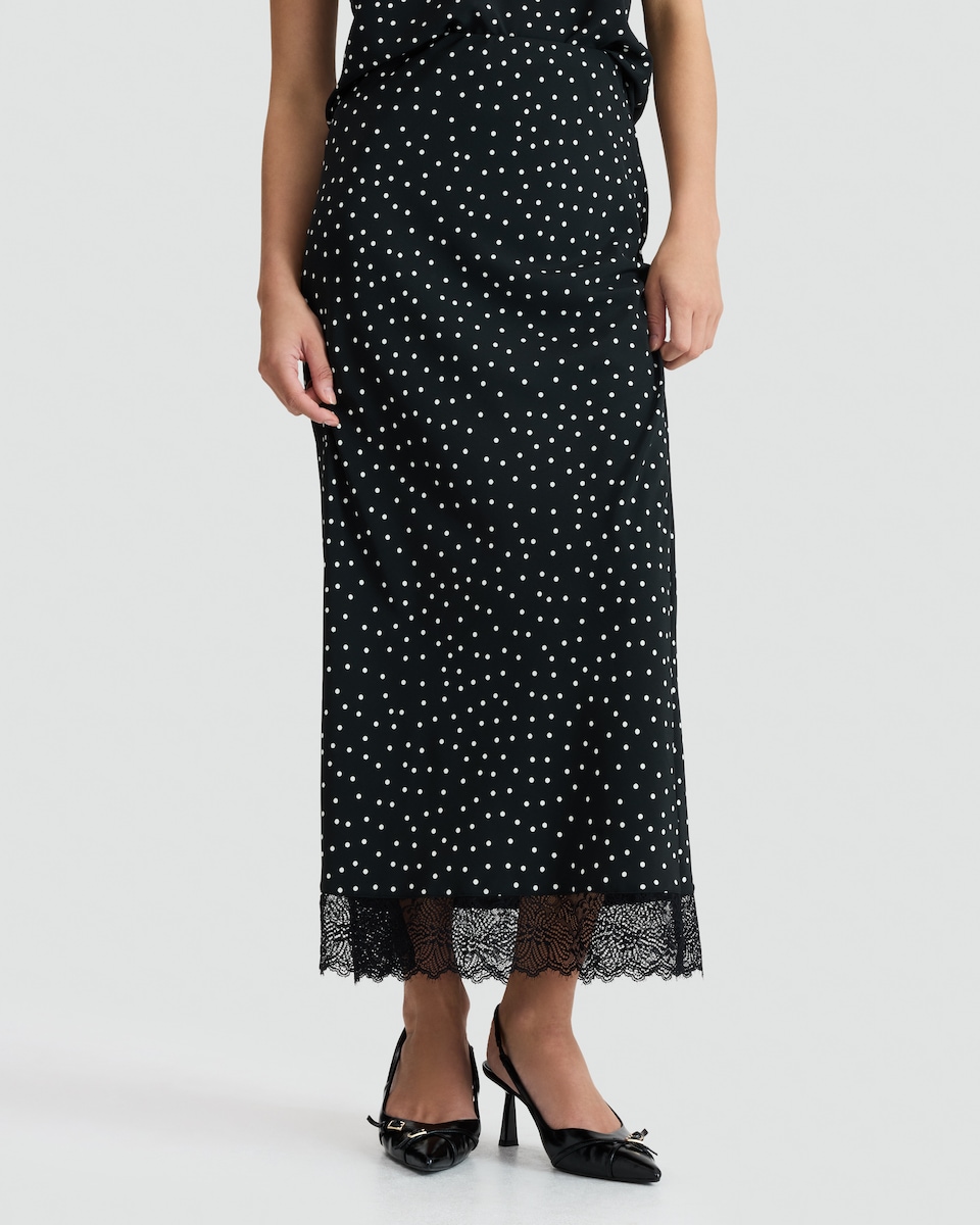 image 1 of F&F Lace Hem Polka Dot Midi Skirt in Multi Black
