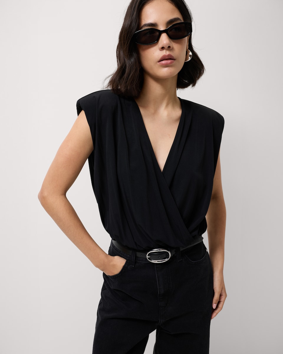 image 1 of F&F Mesh Draped Shoulder Pad Bodysuit in Black