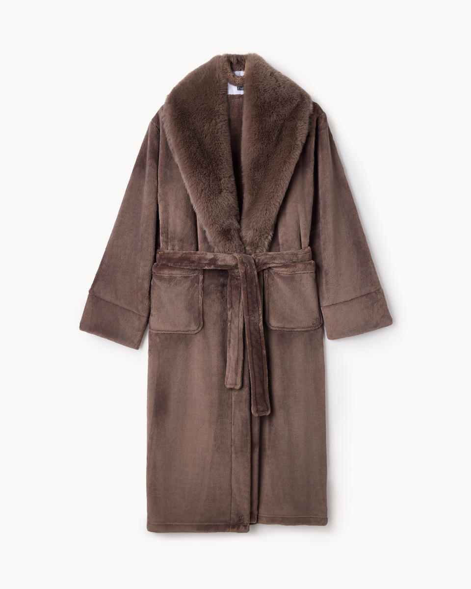 image 1 of F&F Faux Fur Shawl Neck Dressing Gown in Neutral