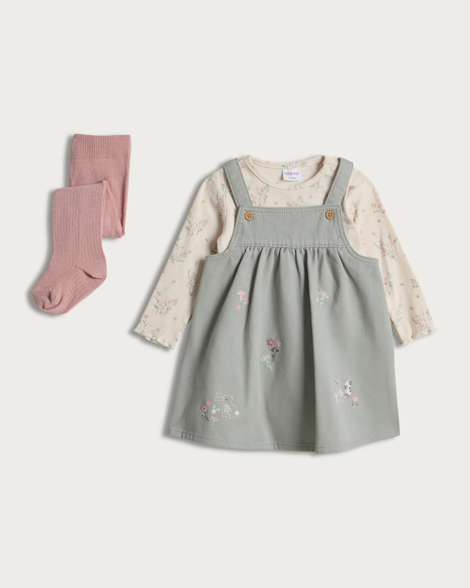 image 1 of F&F Baby 3-Piece Floral Pinafore, Bodysuit and Tights Set in Green