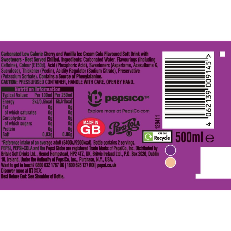 image 1 of PEPSI Zero sugar Cherry & Vanilla Flavour 500ML 