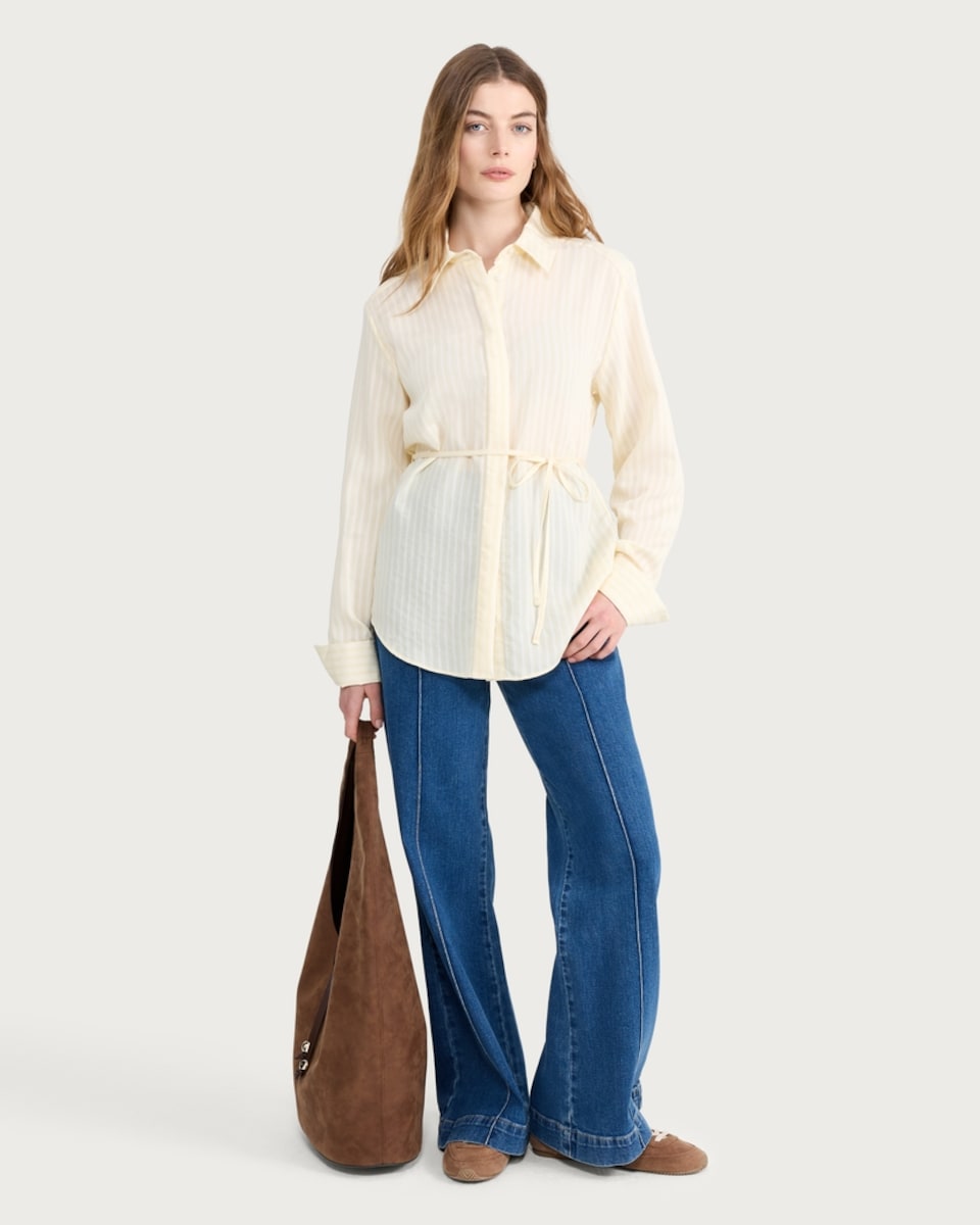 image 1 of The F&F Edit Stripe Print Tie Waist Shirt in Yellow