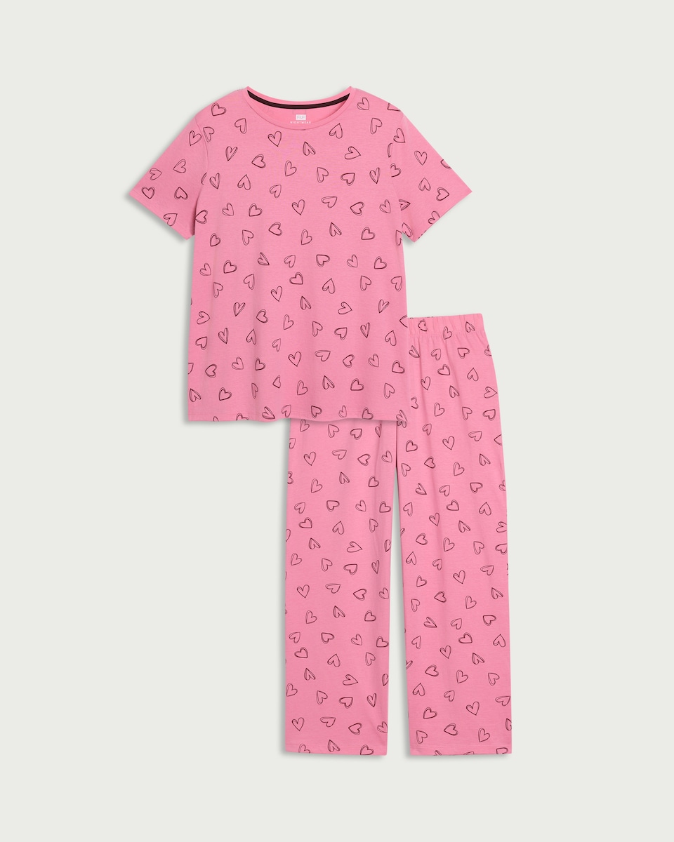 image 1 of F&F Pure Cotton Heart Print Pyjama Set in Multi Pink