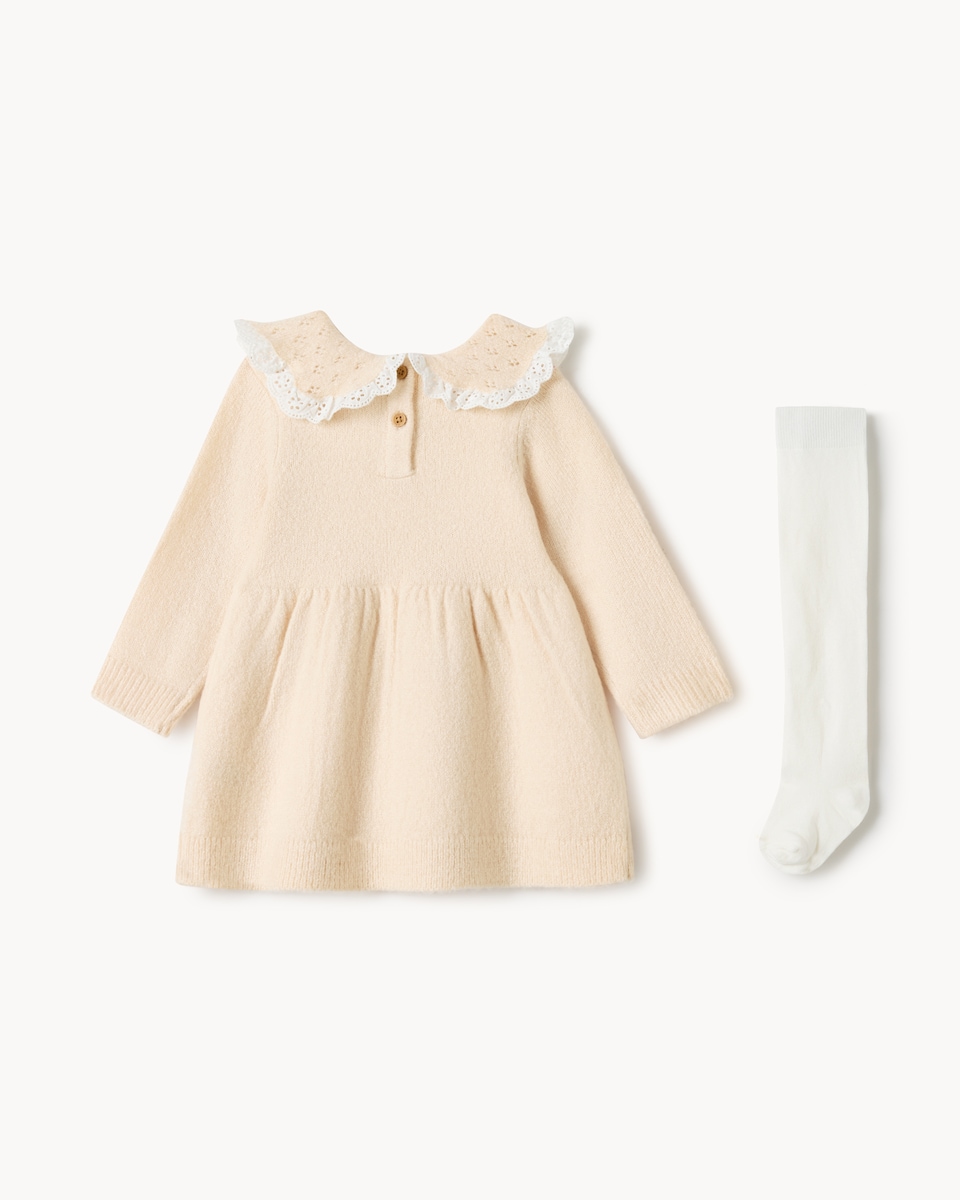 image 1 of F&F Baby Knitted Embroidered Dress and Tights Set in Brown