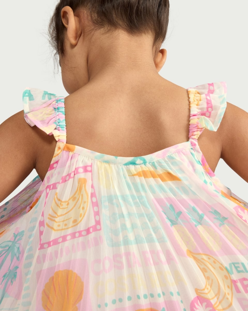 image 1 of F&F Girls Tropical Print Pleated Dress in Multi