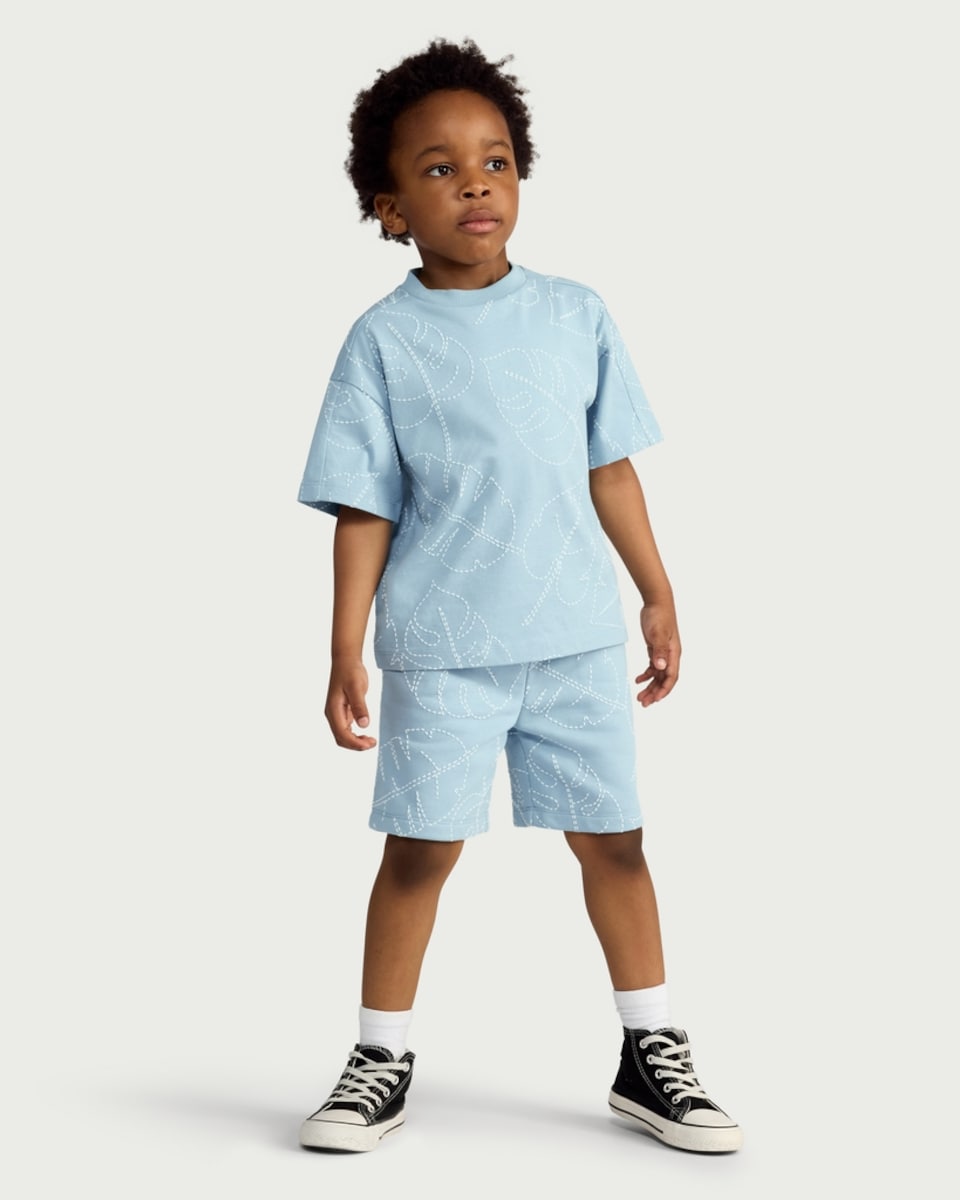 image 1 of F&F Boys 2-Piece Cotton Rich Leaf Print T-Shirt and Shorts Set in Blue