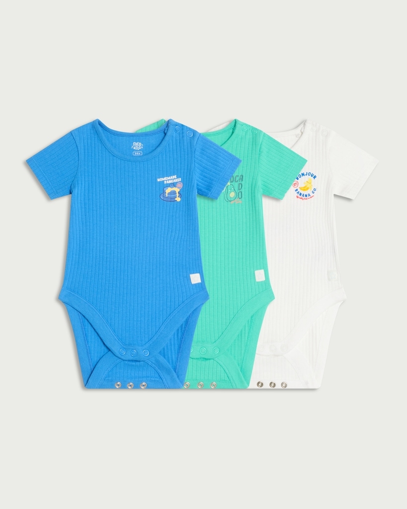 F&F Baby 3-Pack Cotton Rich Fruit Print Bodysuits in Blue