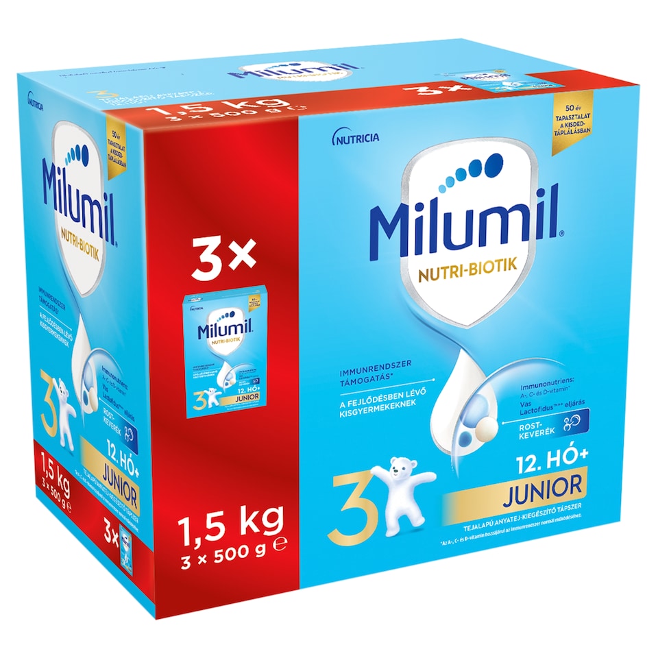 Milumil Nutri-Biotic 3 Junior tejalapú anyatej-kiegészítő tápszer 12 hó+ 3 x 500 g (1,5 kg)  1. kép