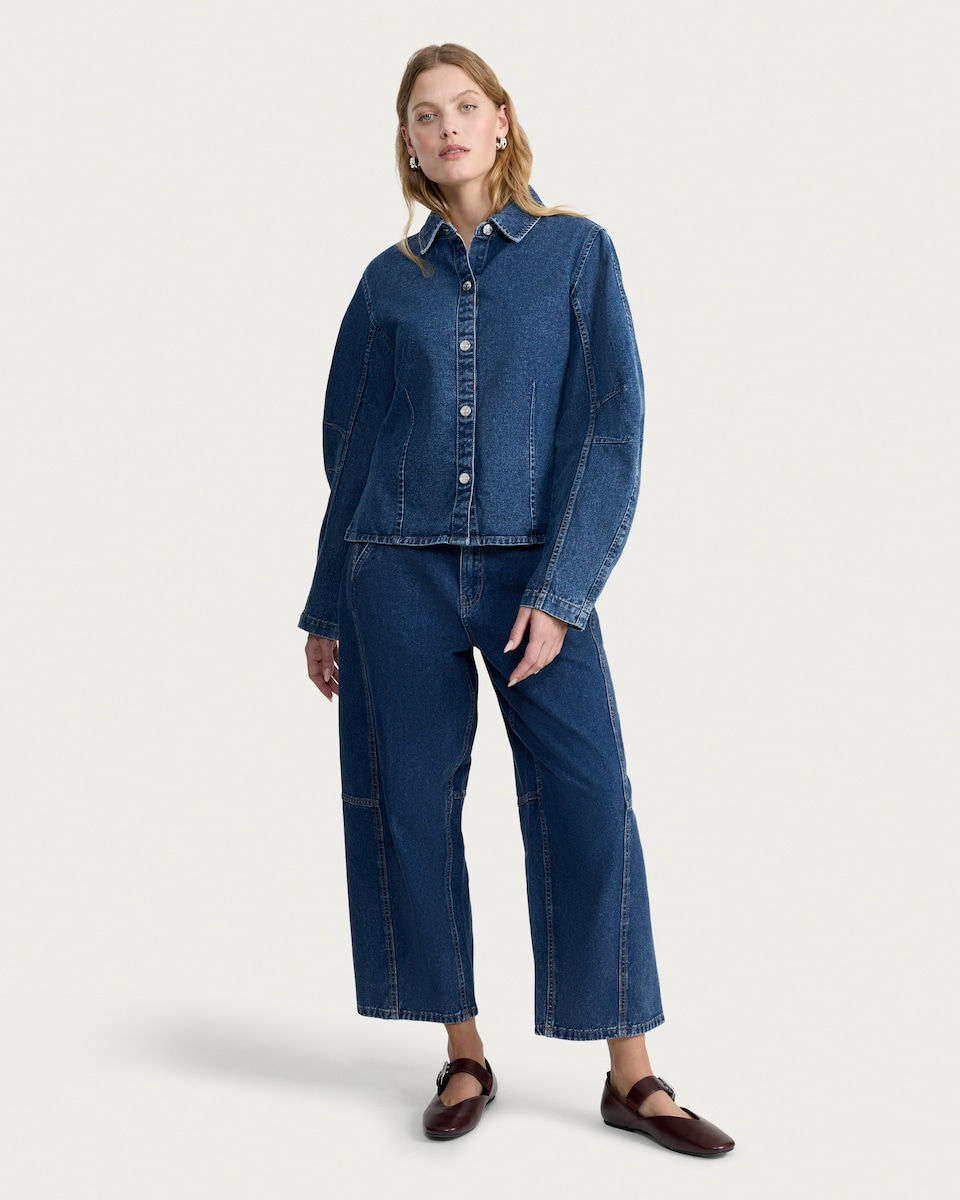 image 1 of The F&F Edit High Rise Seam Detail Barrel Leg Jeans in Blue