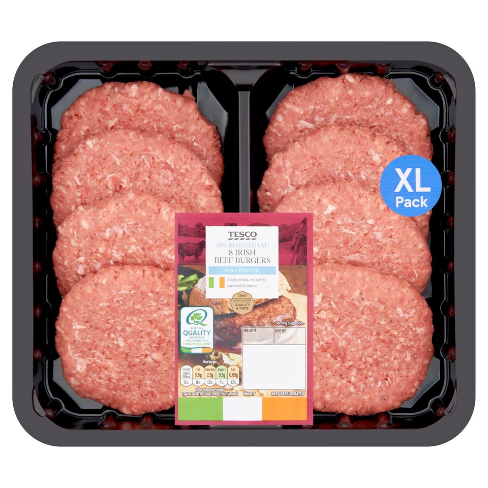 Tesco 50% Reduced Fat 8 Irish Beef Burgers 908G