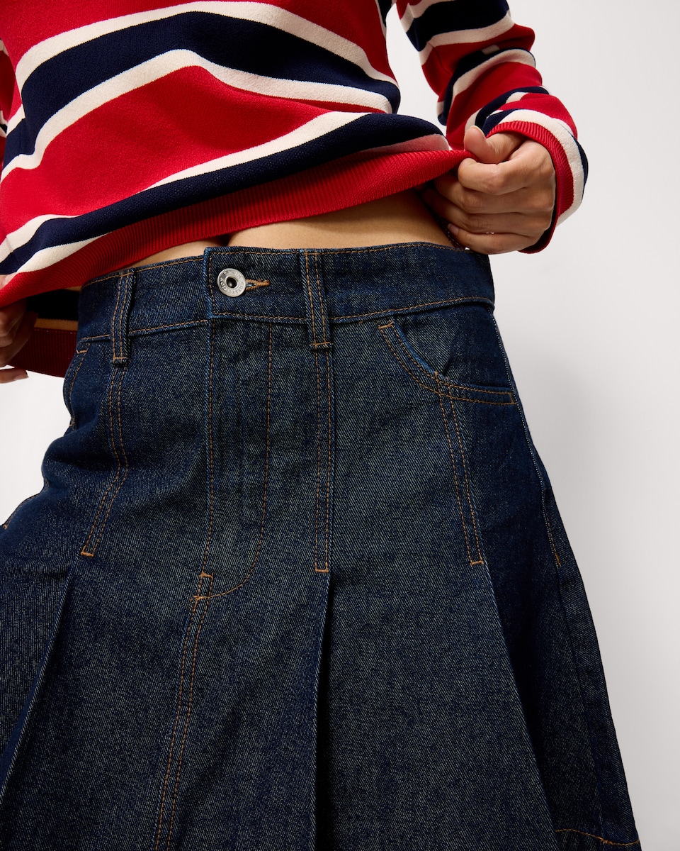 image 1 of F&F Pure Cotton Pleated Denim Mini Skirt in Navy